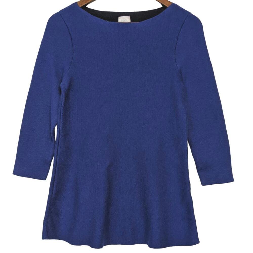 Chicos Blue Knit Tunic Sweater Raw Hem Boho Lagenlook Minimalist Artsy Small